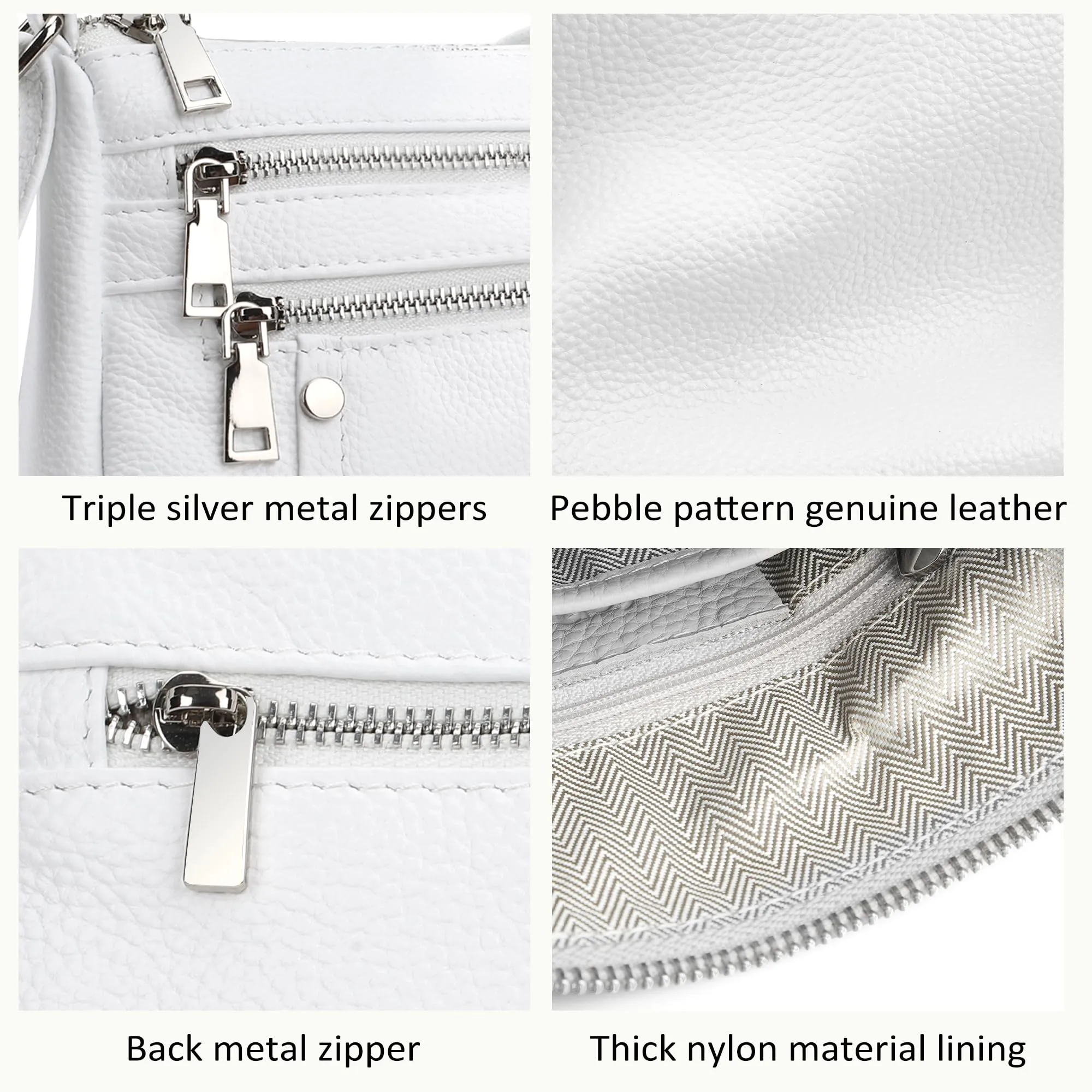 befen White Genuine Leather Crossbody Purses for Women Pocketbooks Small Lightweight Shoulder Bags Satchel Purse with Multi Zipper Pockets