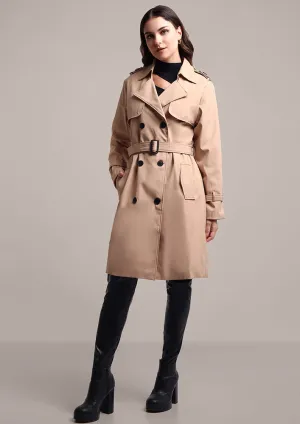 Beige Double Breasted Trench Coat With Belt