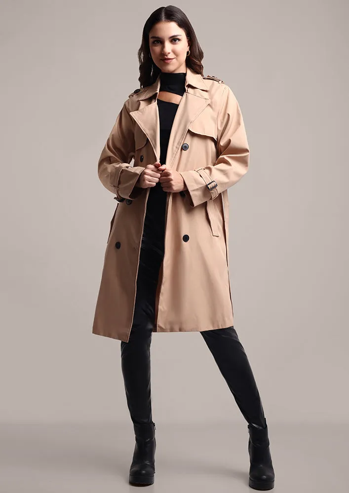 Beige Double Breasted Trench Coat With Belt