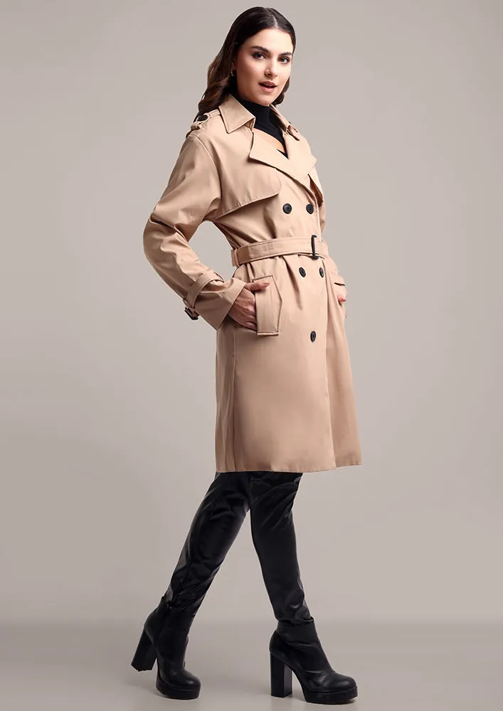 Beige Double Breasted Trench Coat With Belt