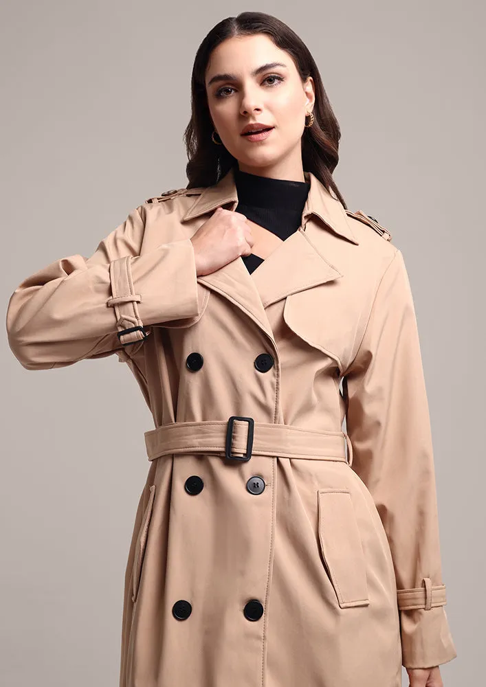Beige Double Breasted Trench Coat With Belt