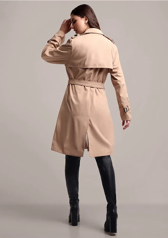 Beige Double Breasted Trench Coat With Belt