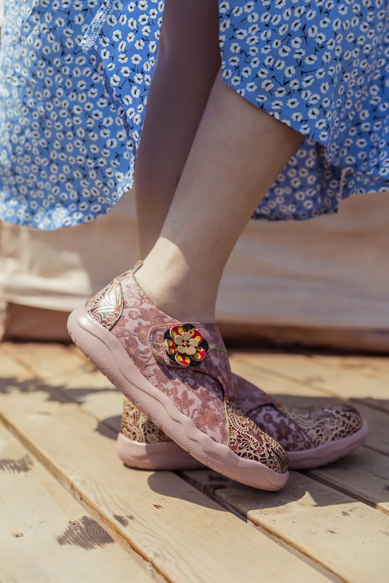 Beige Floral Leather Wrap-Top Sneaker