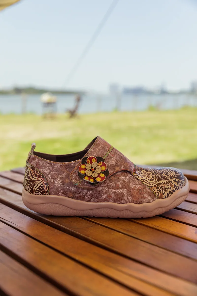 Beige Floral Leather Wrap-Top Sneaker