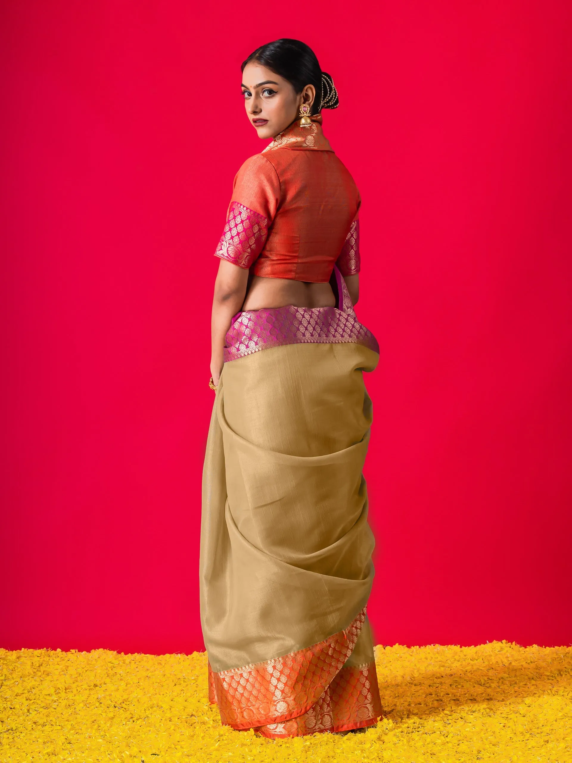 Beige Ganga Yamuna Muga Tissue Saree with blouse fabric