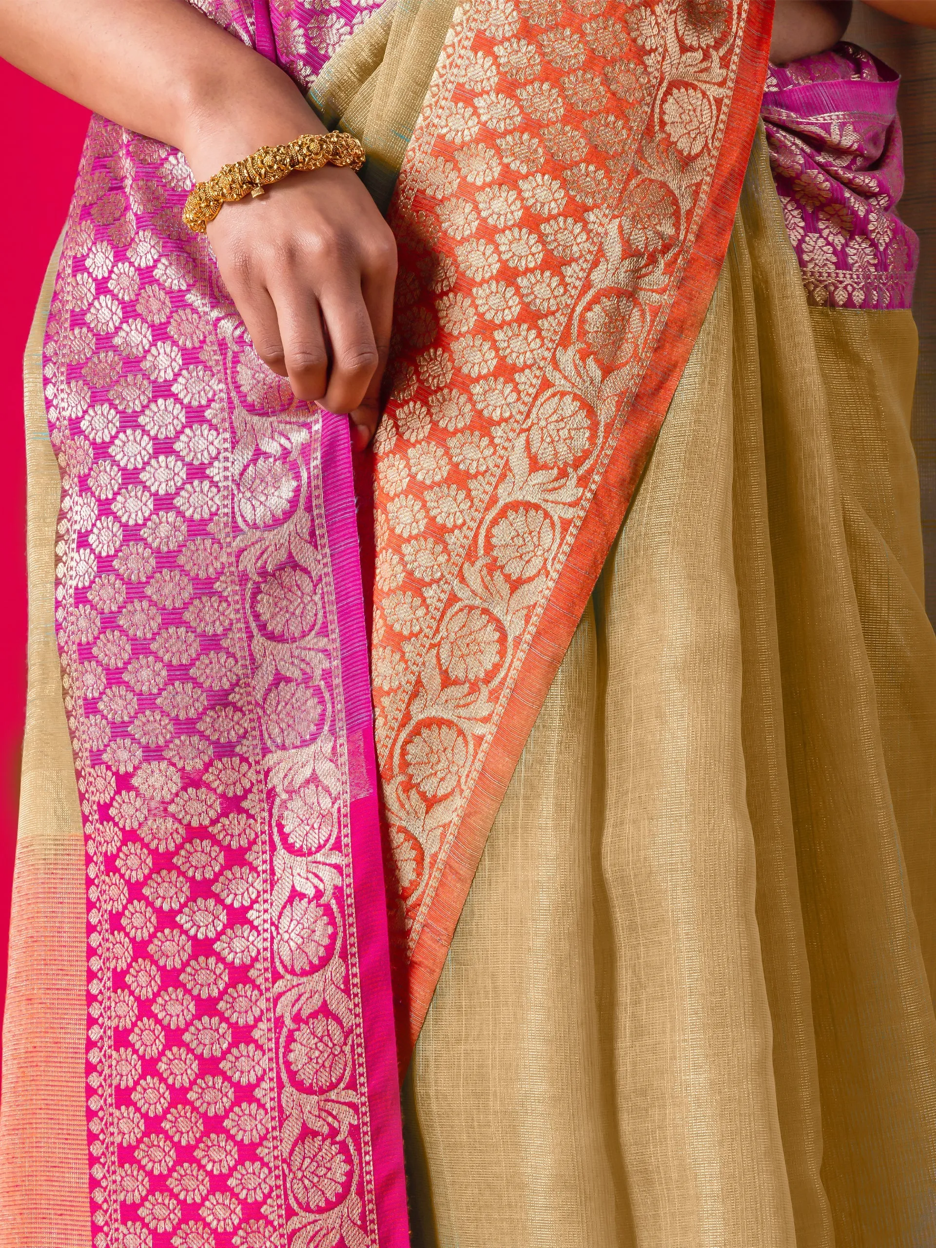 Beige Ganga Yamuna Muga Tissue Saree with blouse fabric