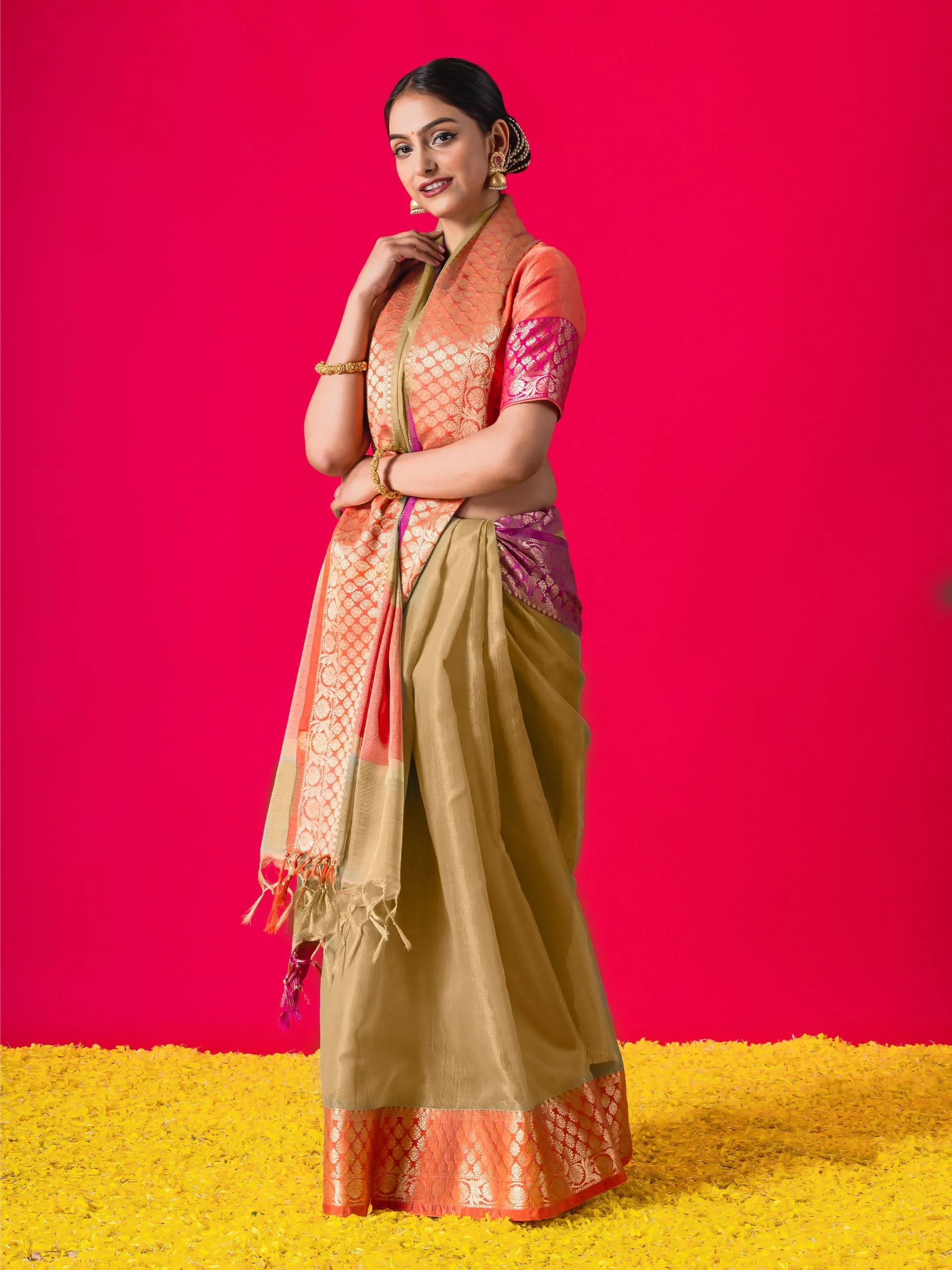 Beige Ganga Yamuna Muga Tissue Saree with blouse fabric