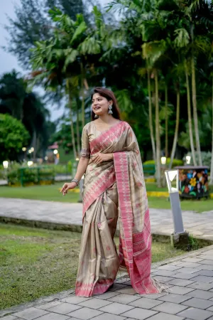 Beige Tussar Silk Saree With Pink Border