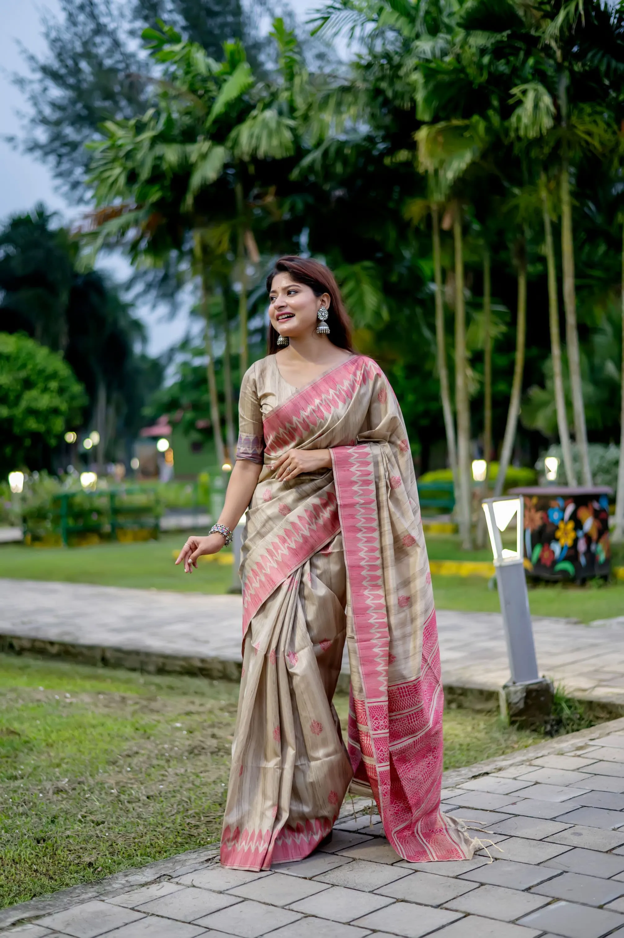 Beige Tussar Silk Saree With Pink Border