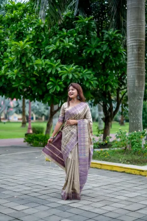 Beige Tussar Silk Saree With Purple Border
