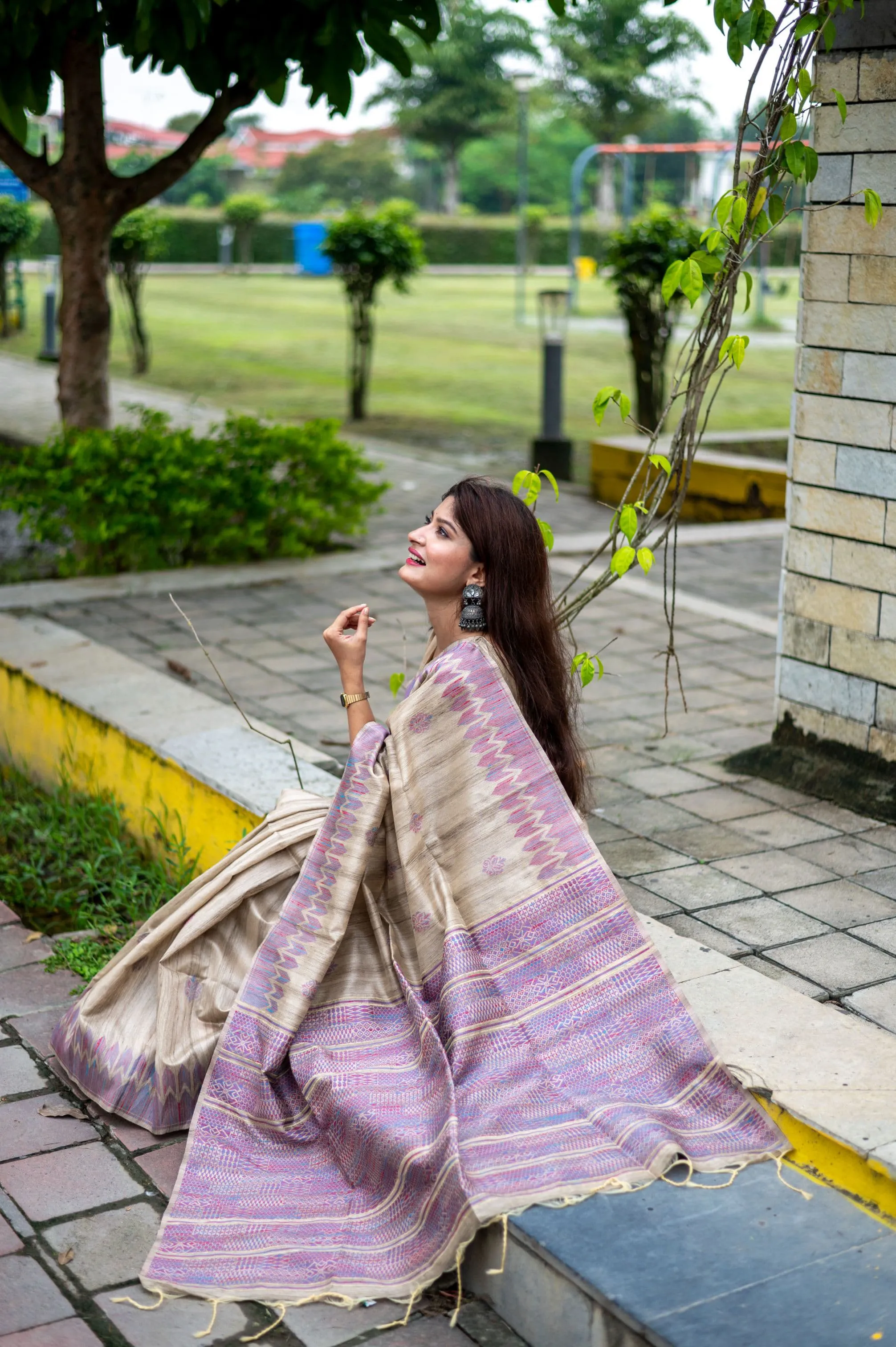Beige Tussar Silk Saree With Purple Border