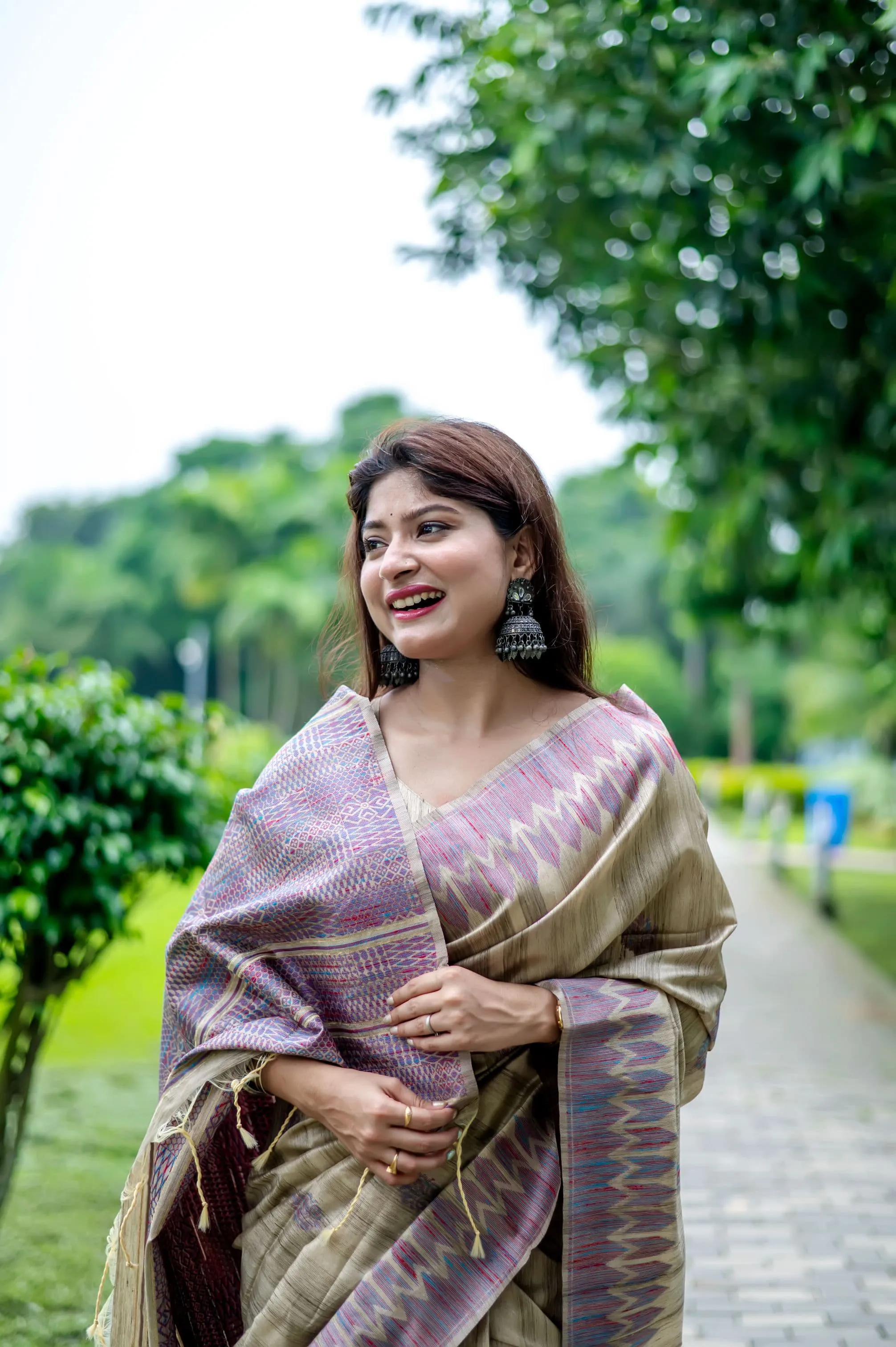 Beige Tussar Silk Saree With Purple Border