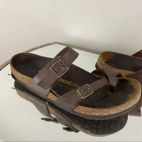 BIRKENSTOCK Brown Leather Mayari Golden Brown Birko-Flor Strappy Sandals