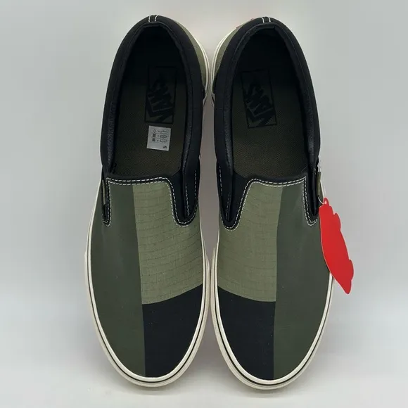 Black and Green Slip-On Sneakers with Canvas Upper
