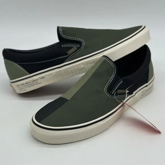 Black and Green Slip-On Sneakers with Canvas Upper