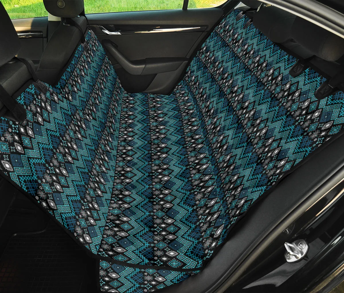 Black and Teal Ethnic Pattern Back Seat Cover For Pets