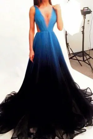 Black Blue Gradient Tulle Long Evening Party Dress,A Line V-neck Prom Dress OK245