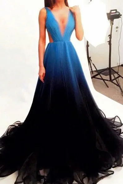 Black Blue Gradient Tulle Long Evening Party Dress,A Line V-neck Prom Dress OK245