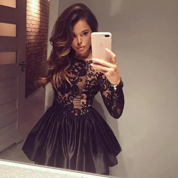 Black Long Sleeve Ball Gown V Back Appliques Homecoming Dress, Short Prom Dress, MH117