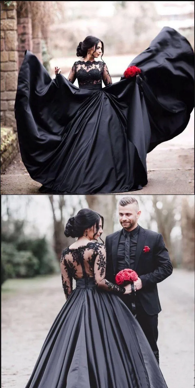 Black Long Sleeves Lace Elegant Modest Prom Dress, A-Line Ball Gown Weding dresses, WD0299