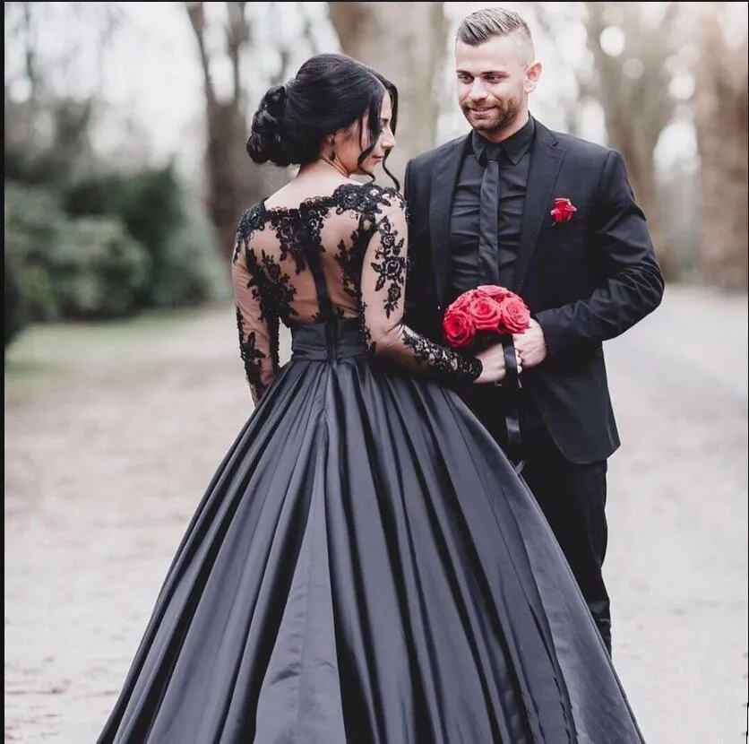 Black Long Sleeves Lace Elegant Modest Prom Dress, A-Line Ball Gown Weding dresses, WD0299