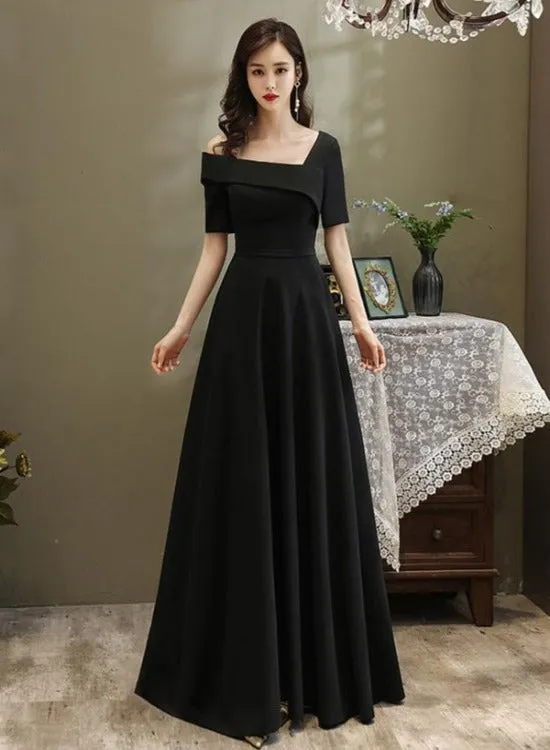 Black One Shoulder Long A-line One Shoulder Party Dress, Simple Black Evening Dress
