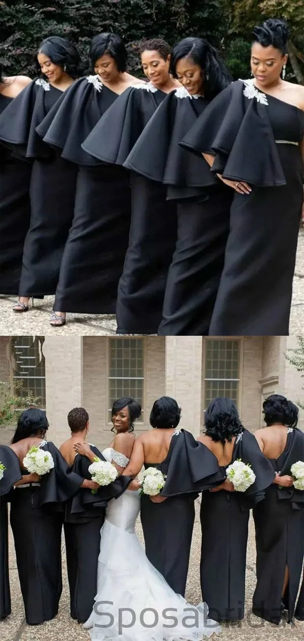 Black Satin One Shoulder Mermaid Bridesmaid Dresses WG891