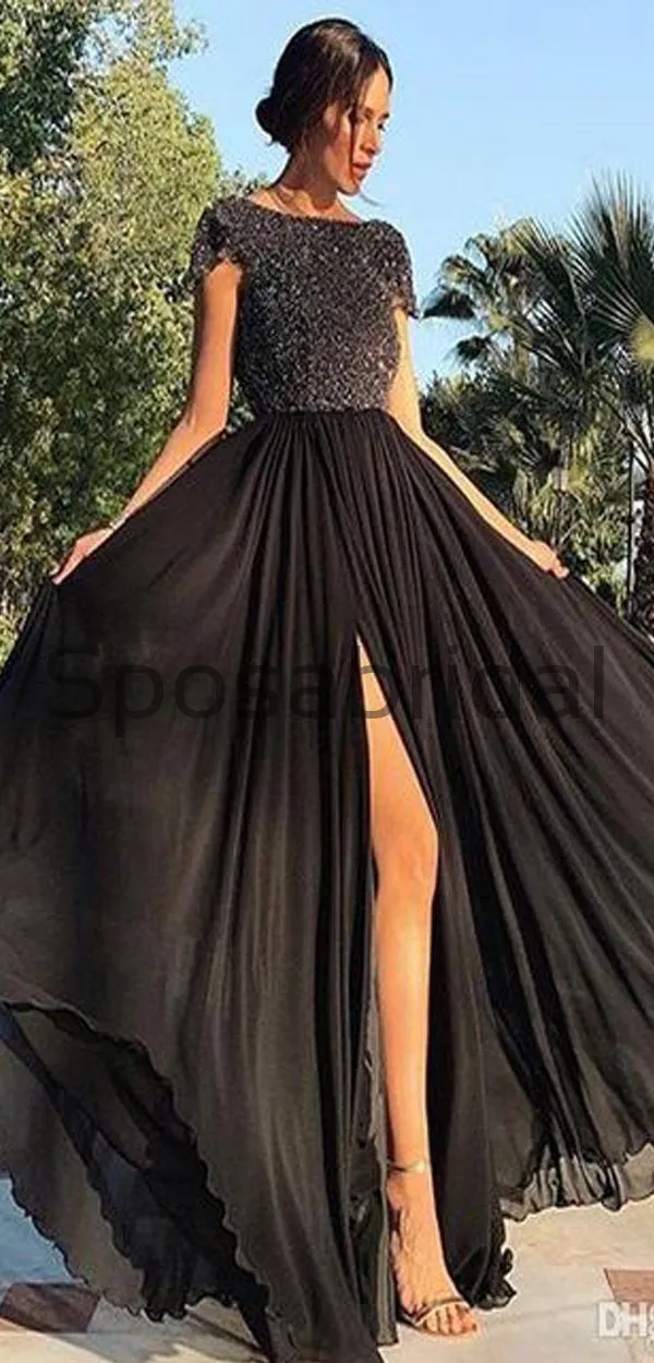 Black Sequin Chiffon Side Slit Cap Sleeves Unique Modest Long Elegant Prom Dresses, Prom Dress PD1826