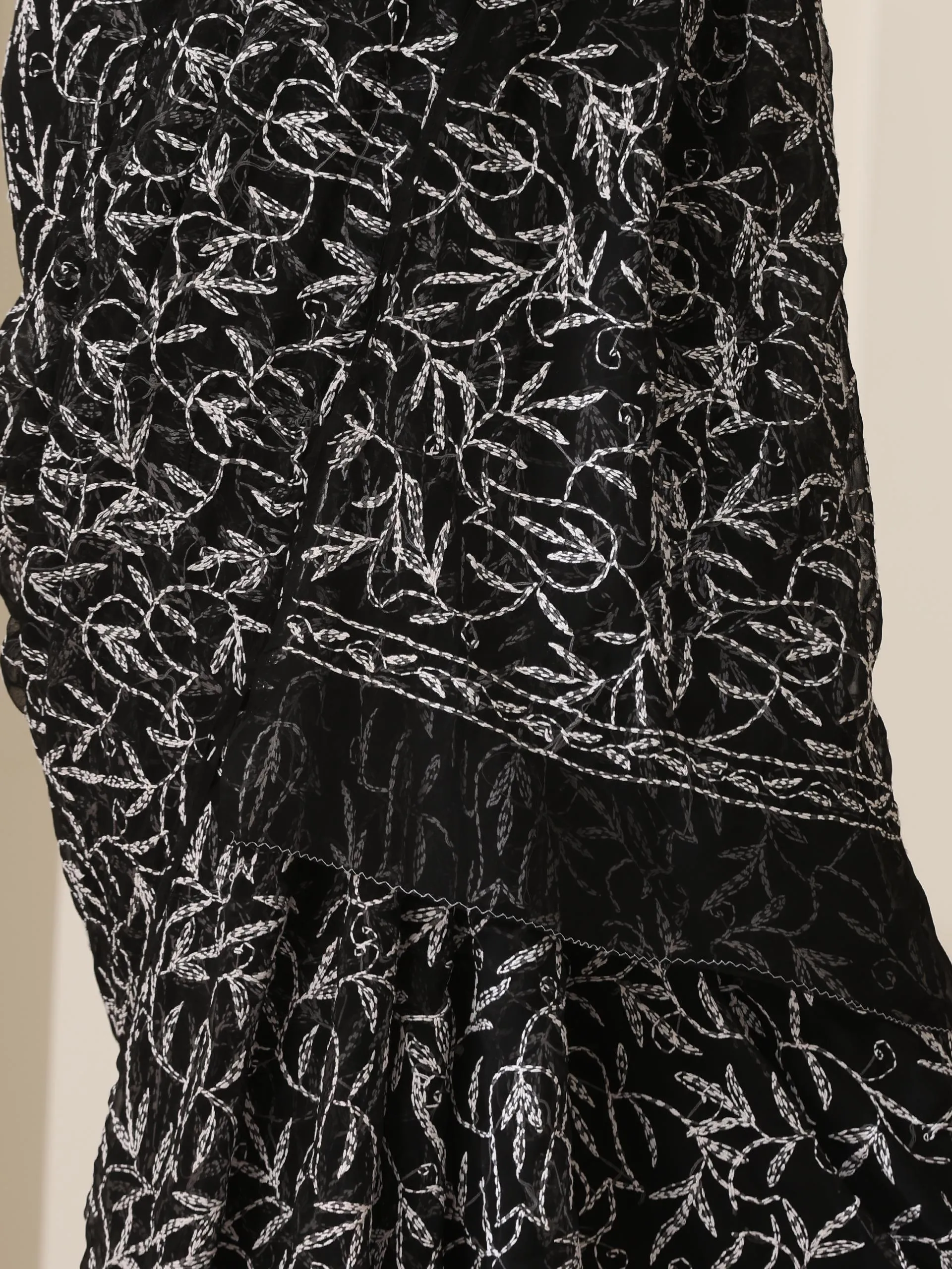 Black Tepchi Hand Chikankari Pure Georgette Saree with Blouse Fabric