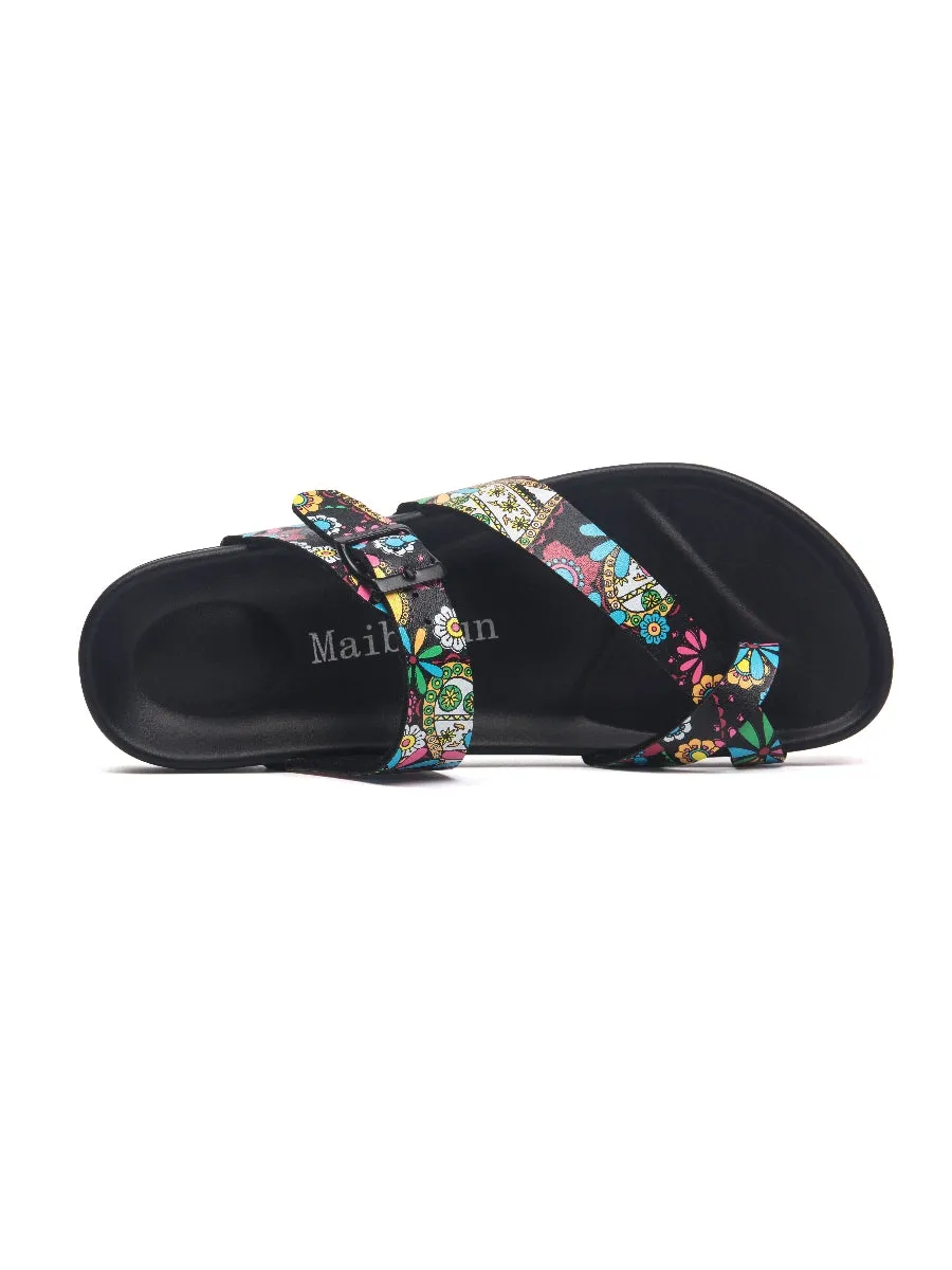 Black Tropical Print Footbed Sandal
