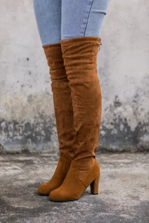 Block-Heel Over-The-Knee Velvet Boot Brown