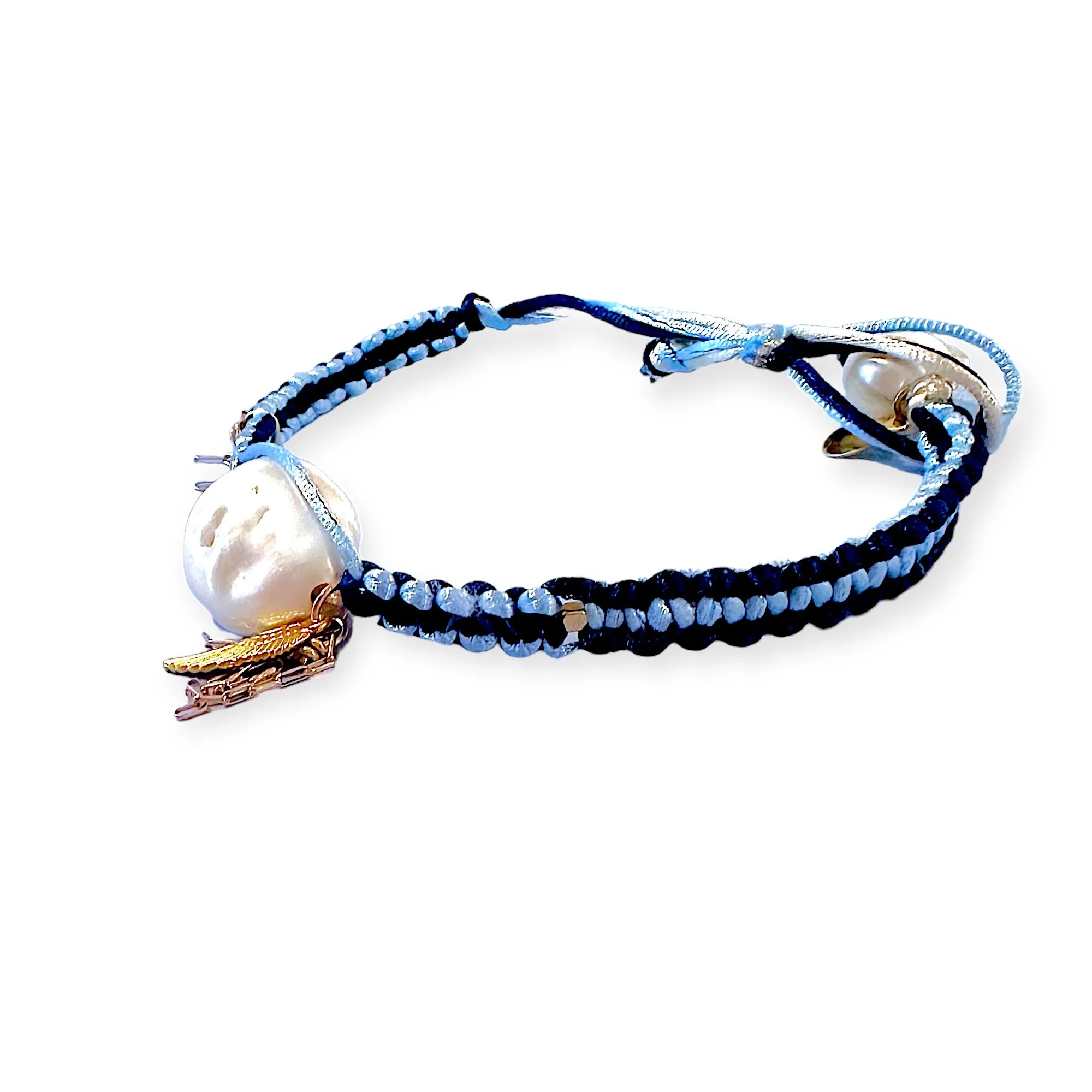 BLUE ANGEL BAROQUE PEARL GOLD CHAIN SILK ROCKER ANKLET
