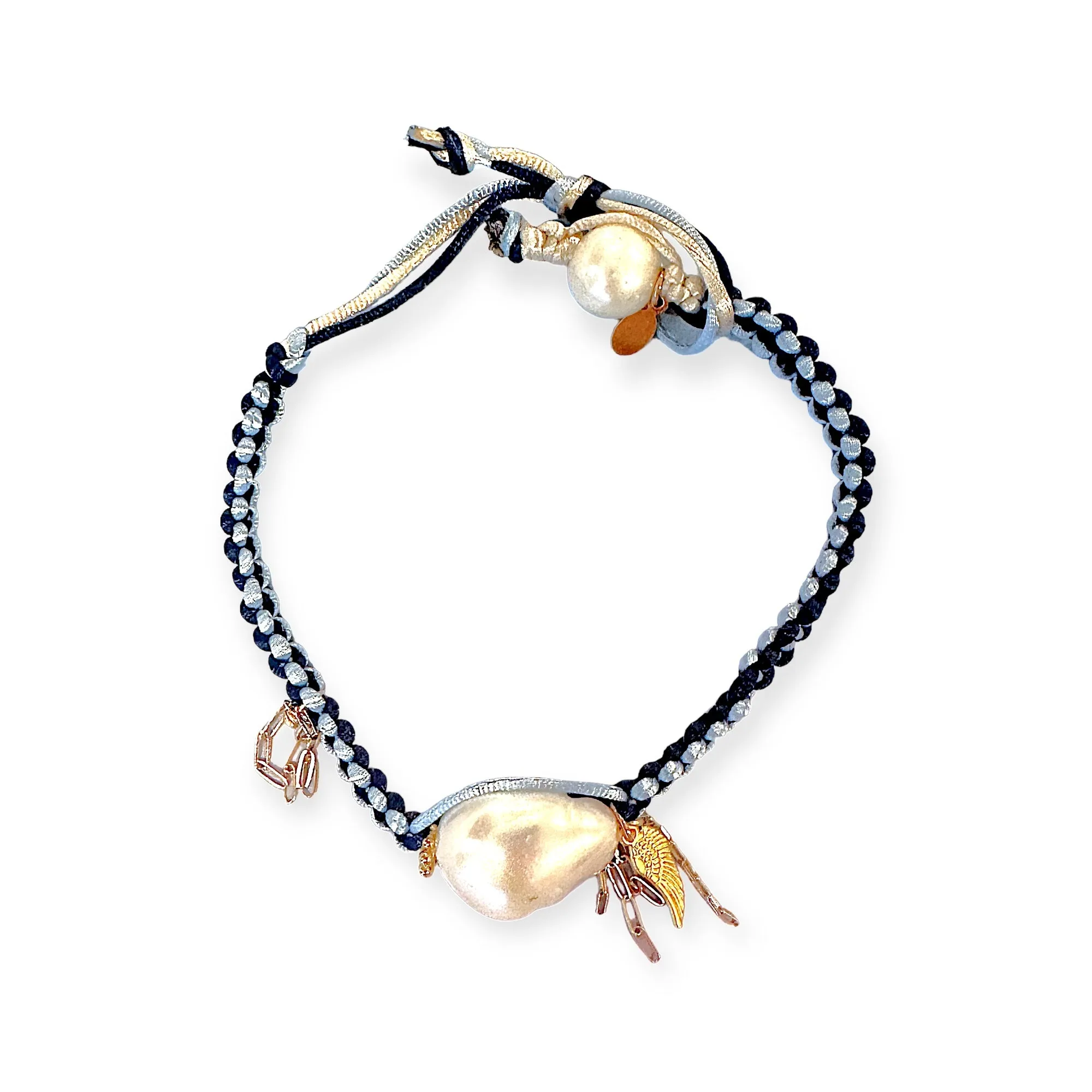 BLUE ANGEL BAROQUE PEARL GOLD CHAIN SILK ROCKER ANKLET