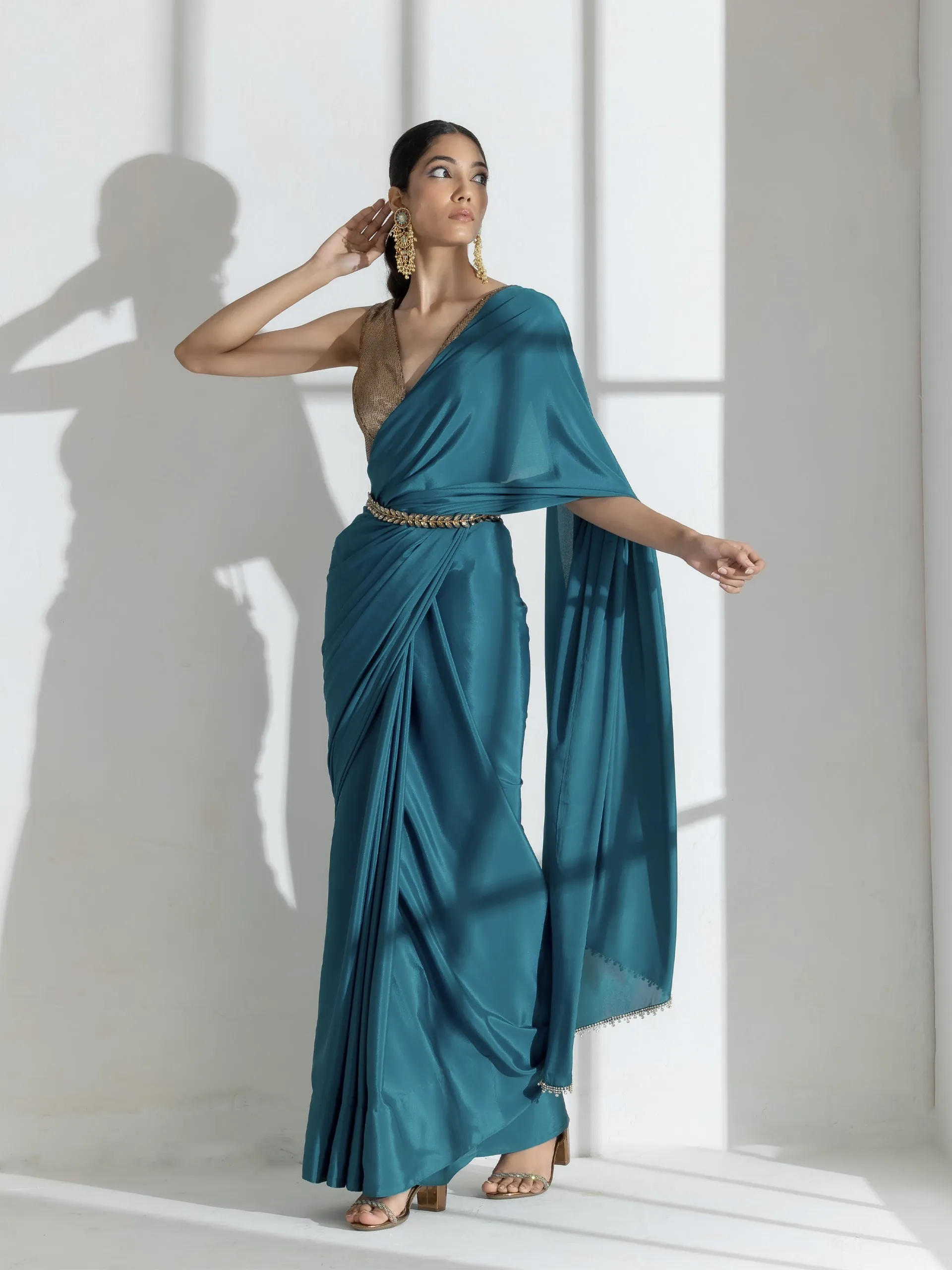 Blue Beauty Crepe Saree with Diamond lace and Self Blouse fabric