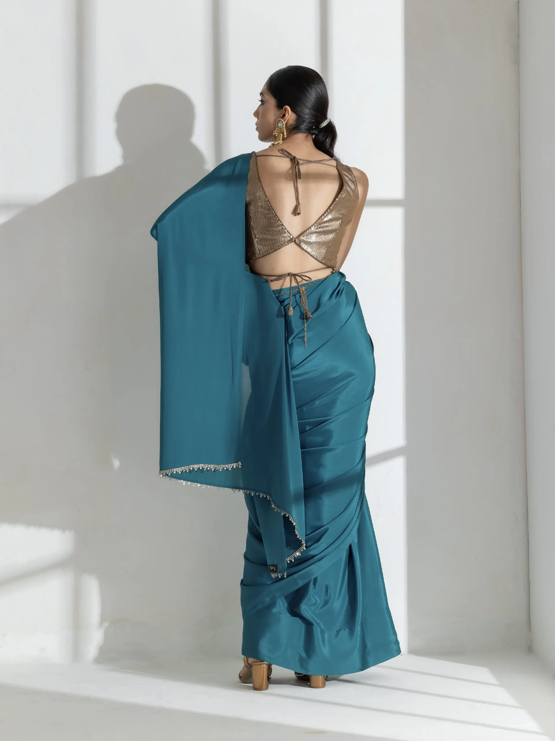 Blue Beauty Crepe Saree with Diamond lace and Self Blouse fabric