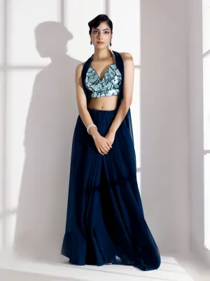 Blue Casa Soft Organza Saree with Diamond Lace with Self Blouse Fabric