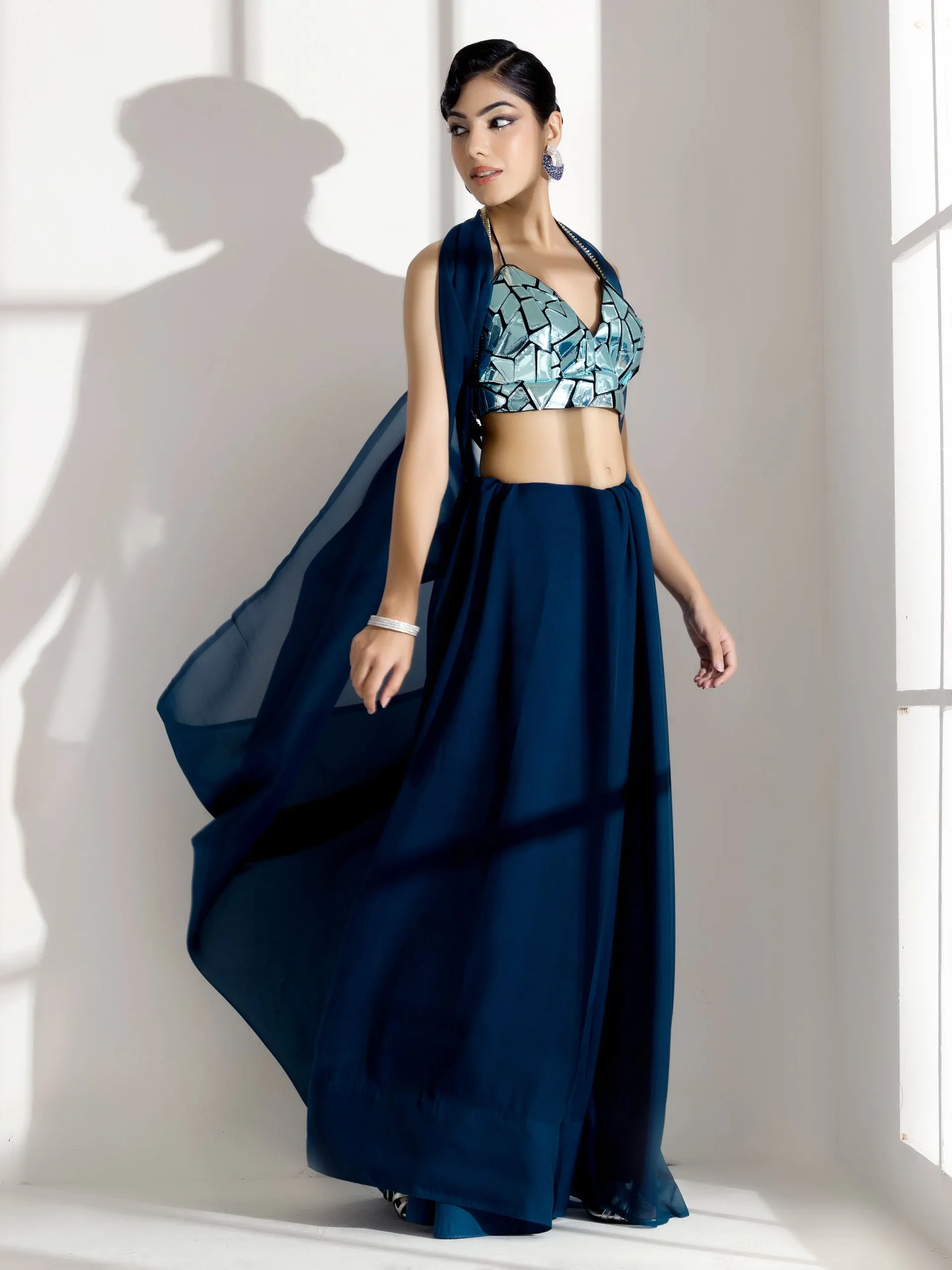 Blue Casa Soft Organza Saree with Diamond Lace with Self Blouse Fabric