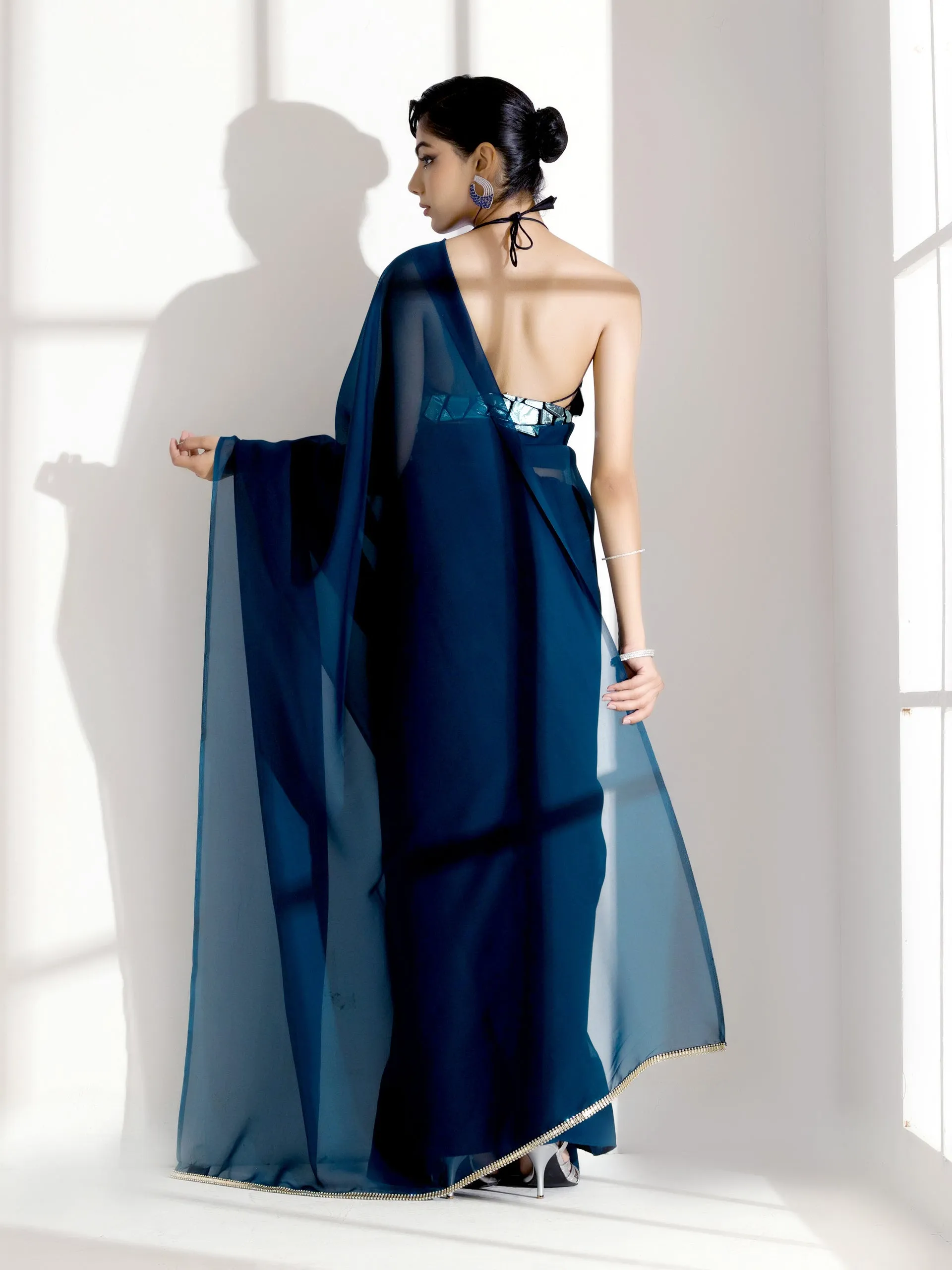 Blue Casa Soft Organza Saree with Diamond Lace with Self Blouse Fabric
