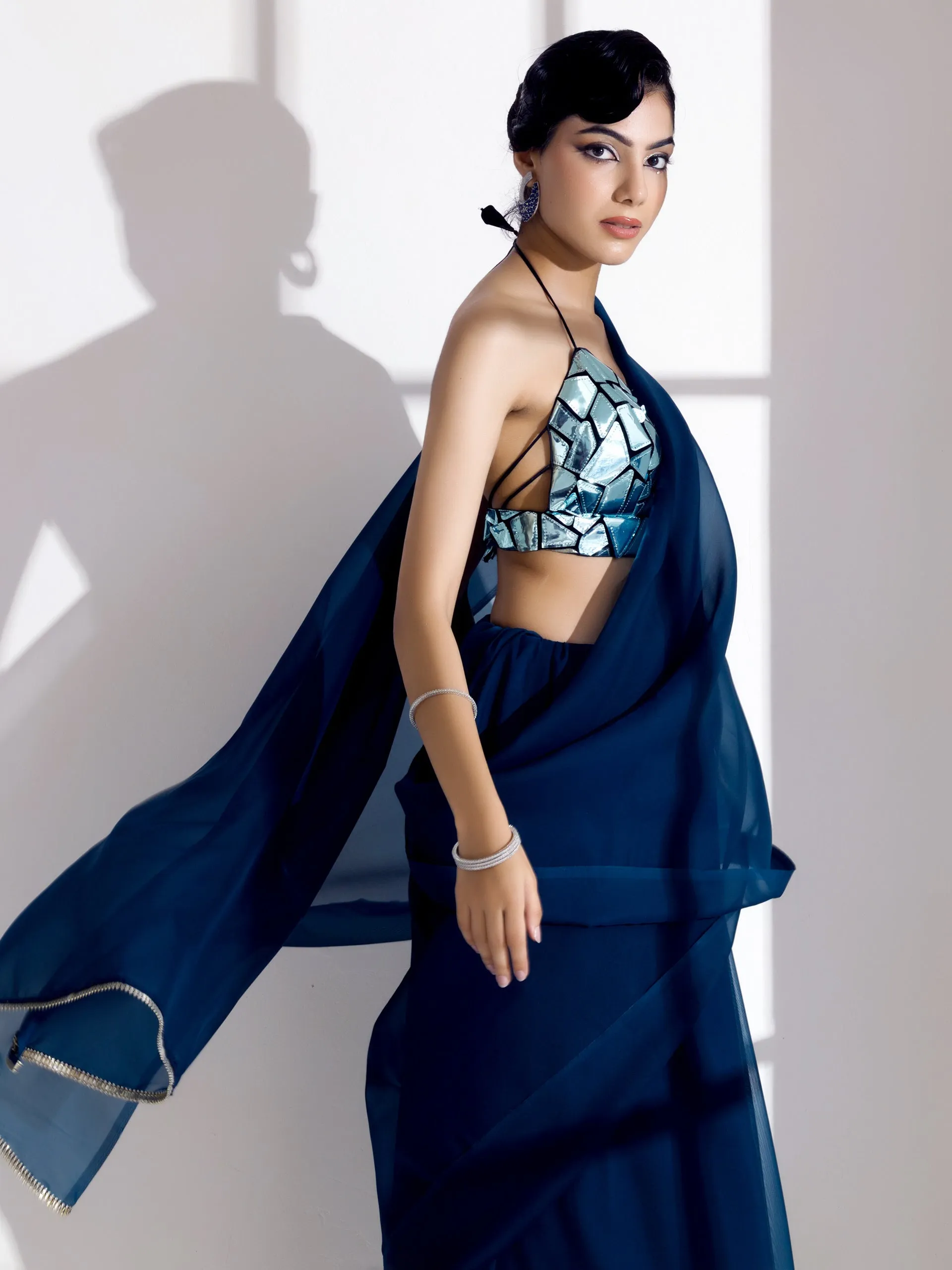 Blue Casa Soft Organza Saree with Diamond Lace with Self Blouse Fabric