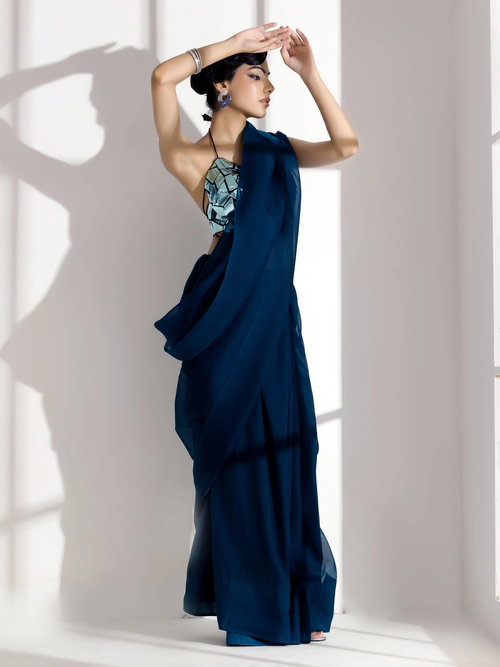 Blue Casa Soft Organza Saree with Diamond Lace with Self Blouse Fabric
