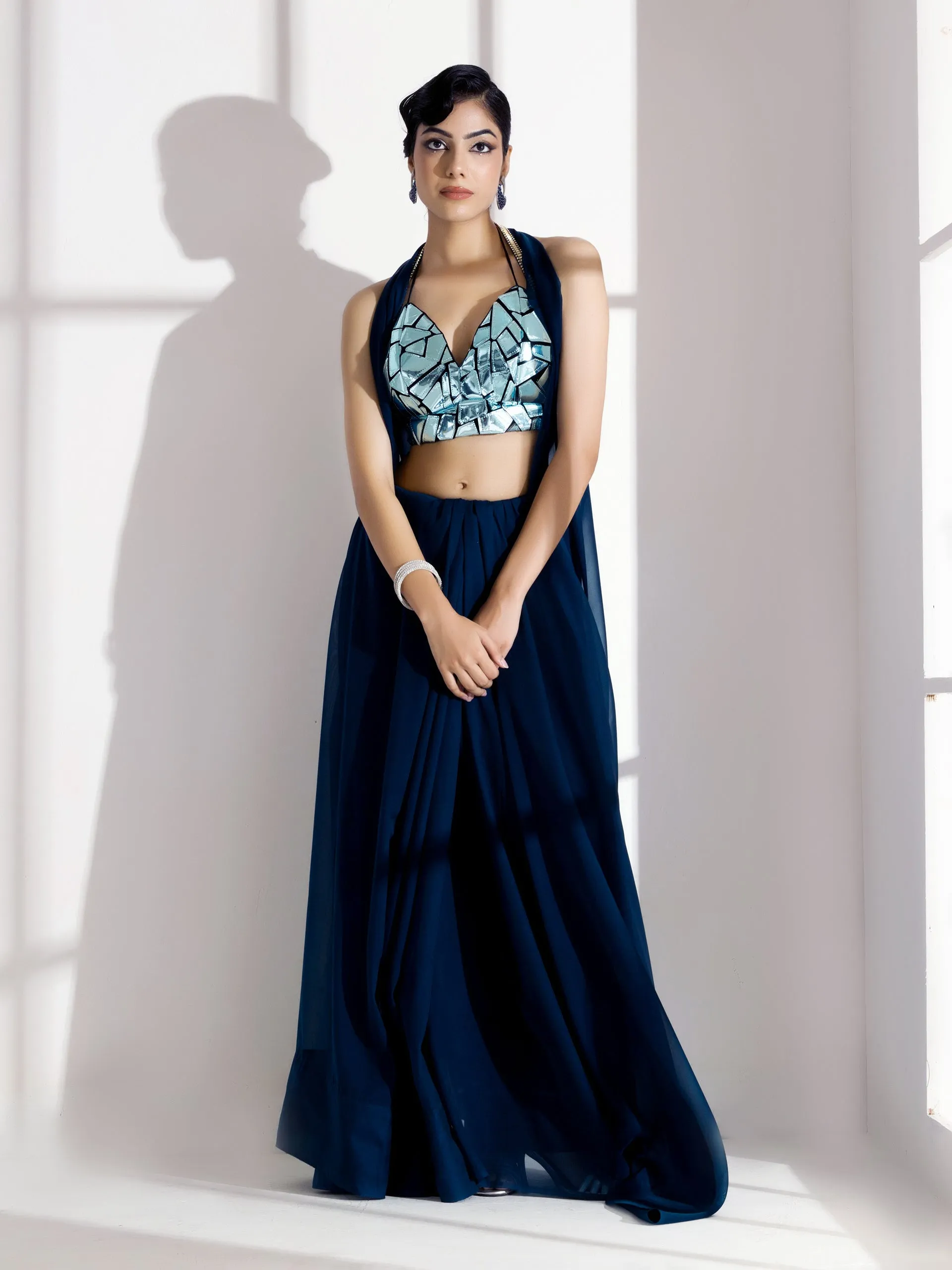 Blue Casa Soft Organza Saree with Diamond Lace with Self Blouse Fabric