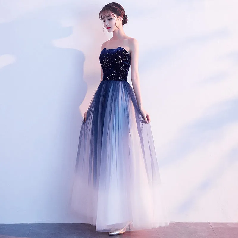 Blue Gradient Tulle Simple A-line Party Dress, Blue Gradient Formal Dress Evening Dress
