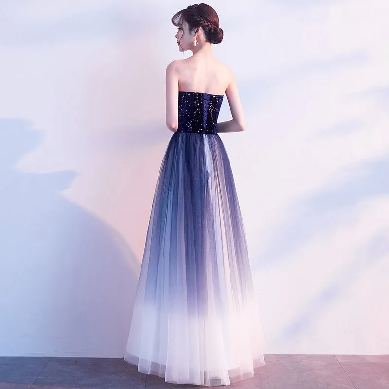 Blue Gradient Tulle Simple A-line Party Dress, Blue Gradient Formal Dress Evening Dress