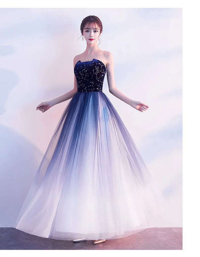 Blue Gradient Tulle Simple A-line Party Dress, Blue Gradient Formal Dress Evening Dress