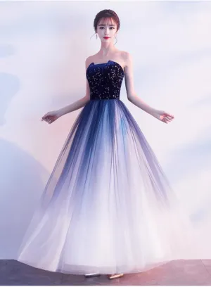 Blue Gradient Tulle Simple A-line Party Dress, Blue Gradient Formal Dress Evening Dress