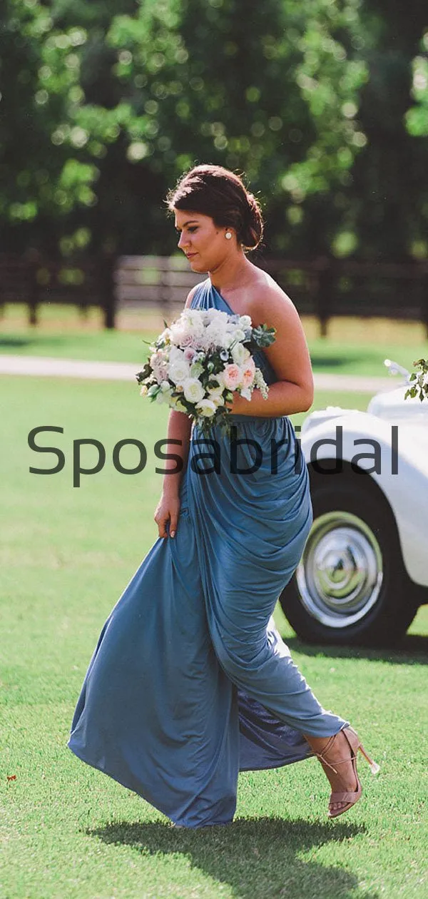 Blue One Shoulder Jersey Simple Beach Long Bridesmaid Dresses WG808