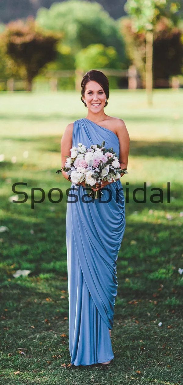 Blue One Shoulder Jersey Simple Beach Long Bridesmaid Dresses WG808