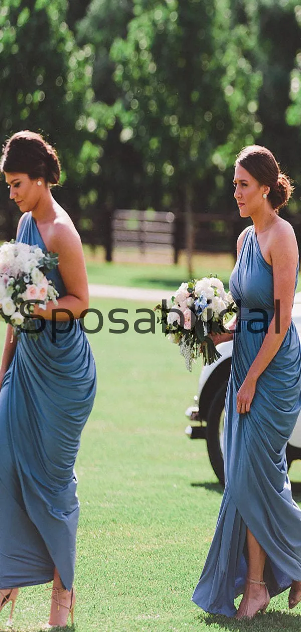 Blue One Shoulder Jersey Simple Beach Long Bridesmaid Dresses WG808