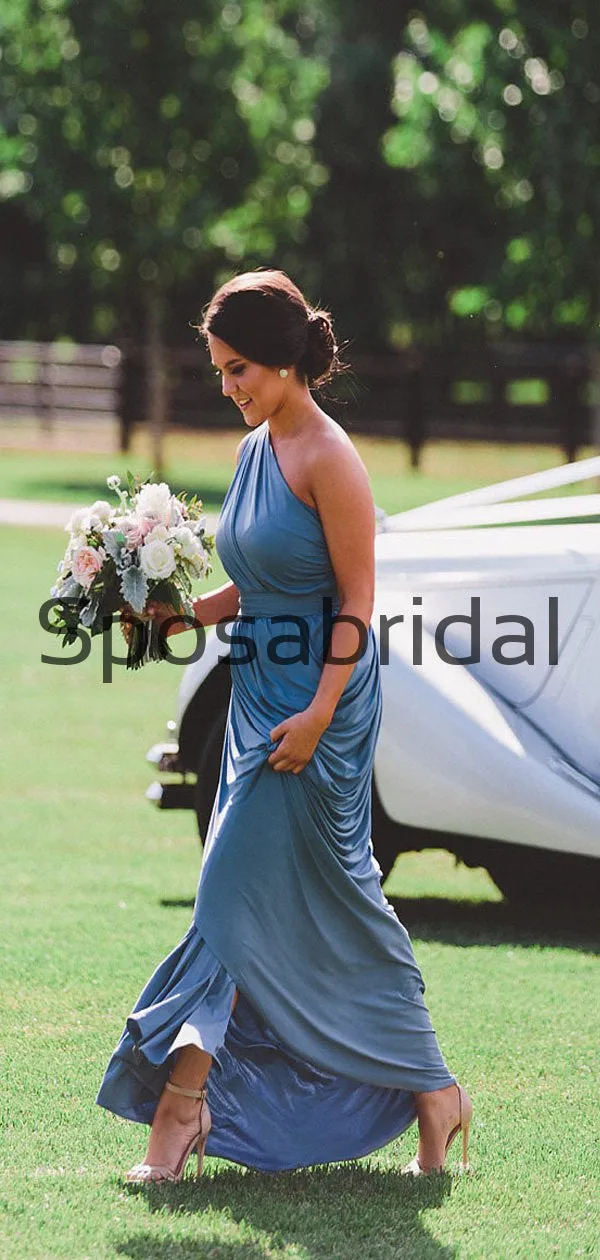 Blue One Shoulder Jersey Simple Beach Long Bridesmaid Dresses WG808