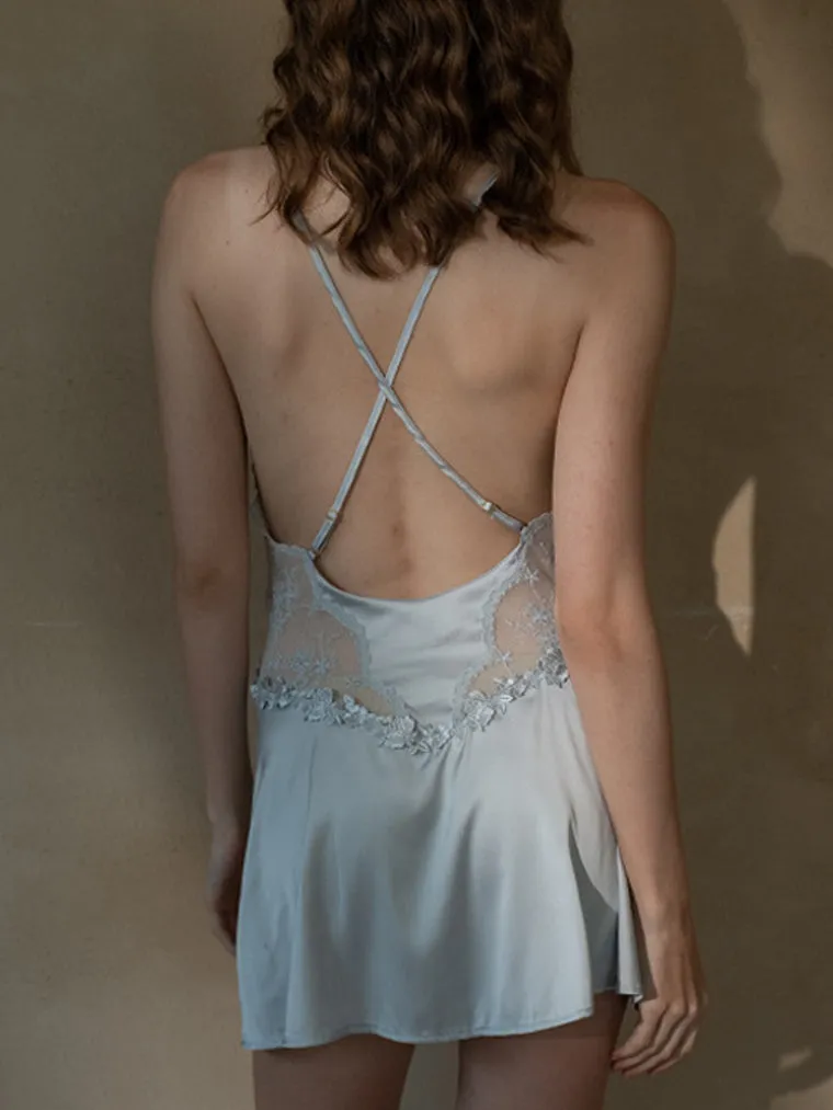 Blue See Through Lace Panel Criss-Cross Back Slip